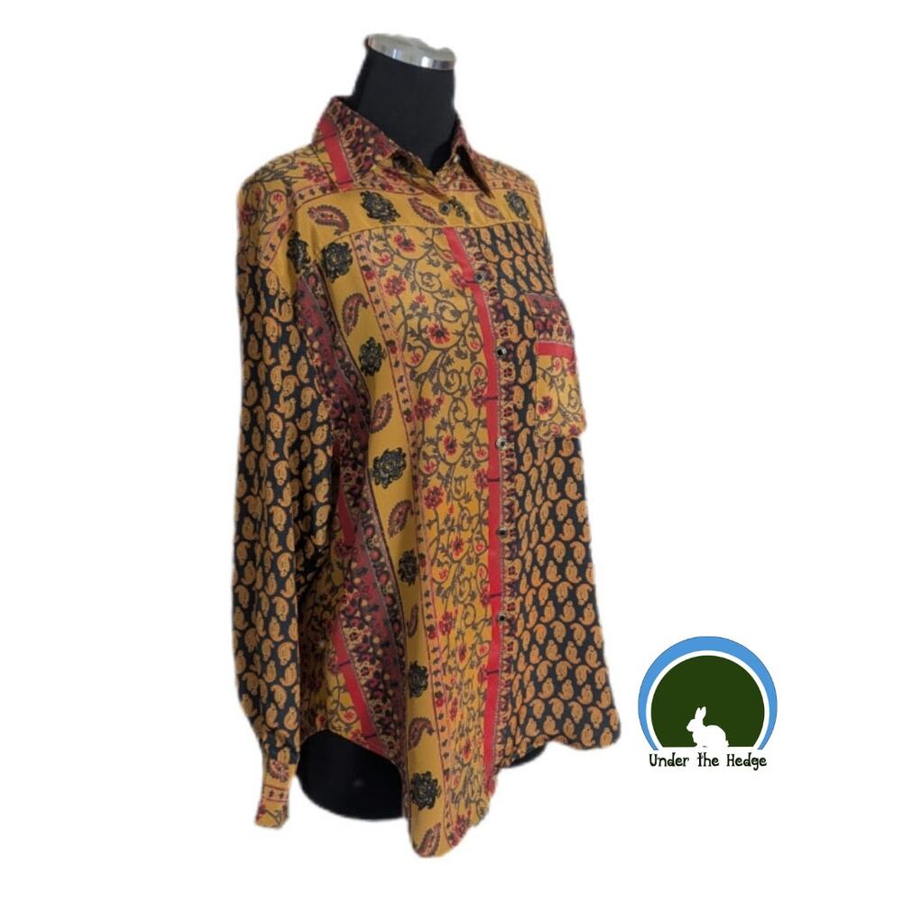 Vtg Nicola Gold Red Paisley Long Sleeve Button Blouse Top Medium Maximalist